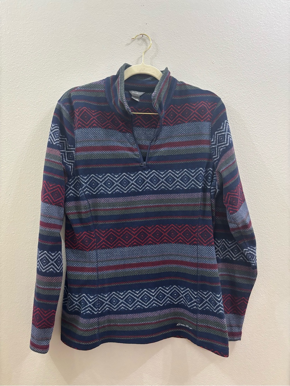 Eddie Bauer Navy Multi-Stripe Quarter-Zip fleece pullover